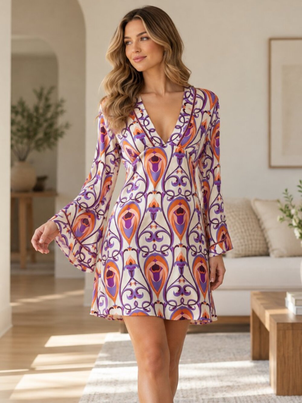 Lolita Jaca St Barth 100% Silk Bell Sleeve Boho Mini Dress Size S